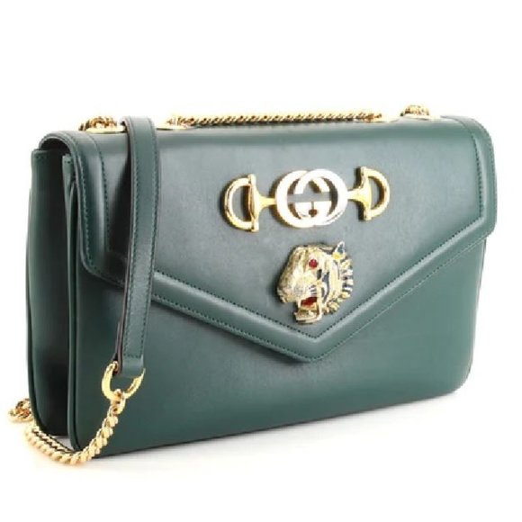 Gucci Rajah Chain Shoulder Bag Leather Medium Gold Dark Green Handbag Vitello NW - Picture 2 of 16